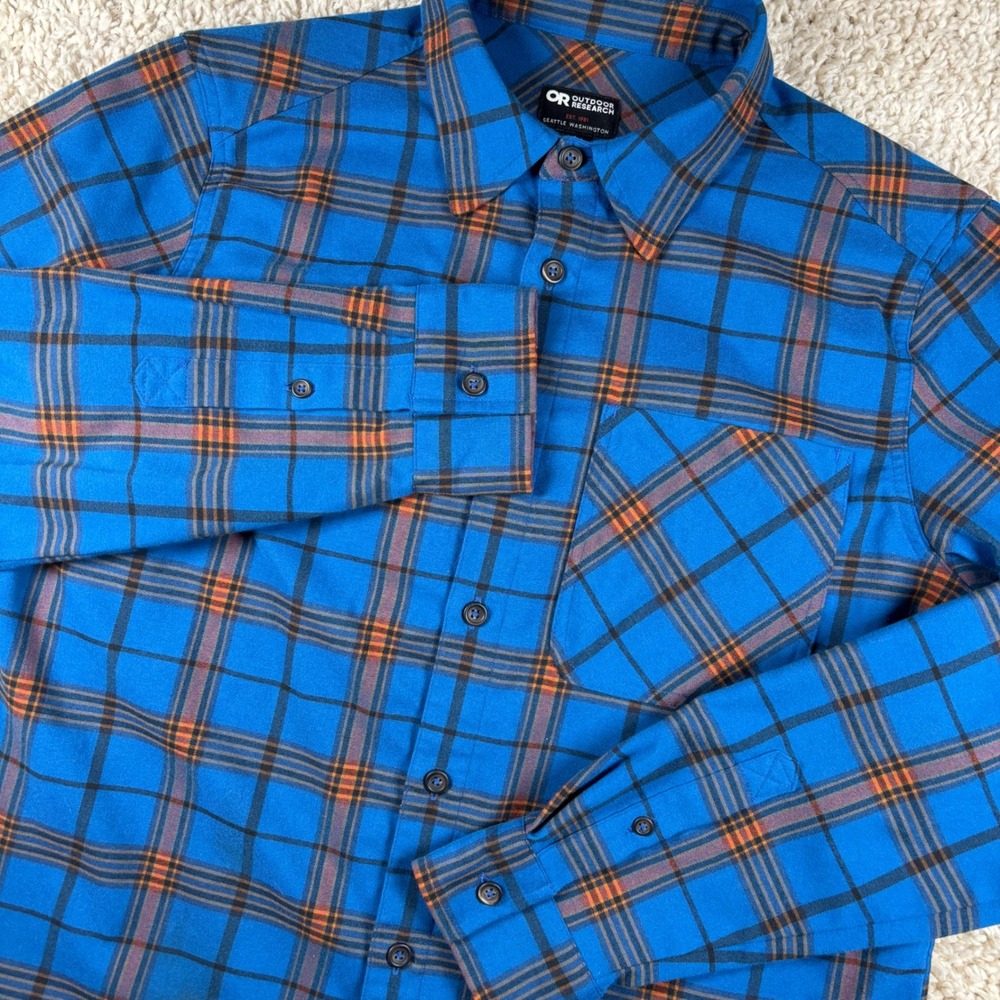 Outdoor Research Mens Kulshan Flannel Shirt Medium Blue Plaid Long Sleeve 277602